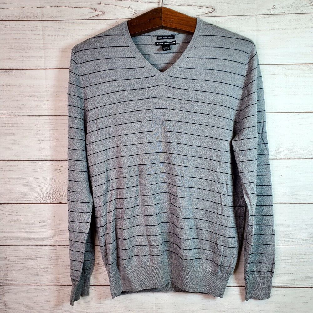 Club Monaco Mens Large Long Sleeve Gray Sweater V-Neck 100% Italian Merino Wool